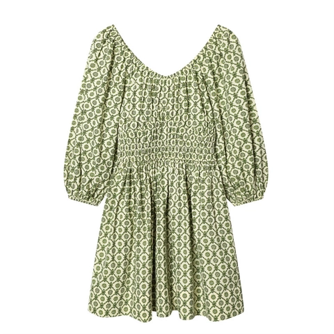 Women Vintage Floral Printed V-Neck Dress With Puff Sleeves And Smocked Waist Casual A-Line Spring Summer Fashion Midi Dress