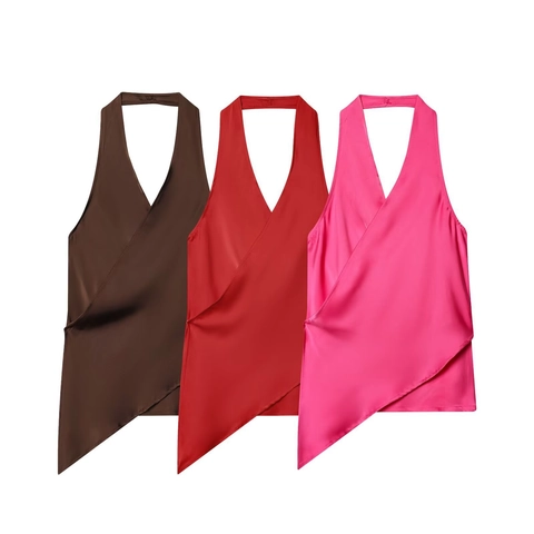 Top a Fascia in Raso Sexy da Donna Scollo a V Profondo Orlo Asimmetrico Schiena Scoperta Senza Maniche Streetwear Estivo Canotta da Festa