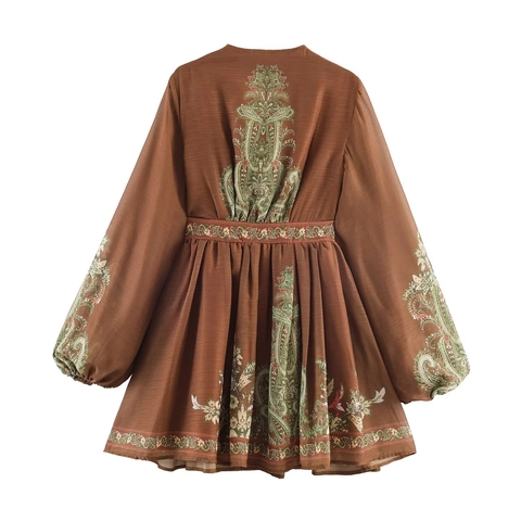 Vestito Corto da Donna Boho con Stampa Paisley Scollo a V Manica a Lanterna Cintura Retrò Etnico Marrone Vacanza