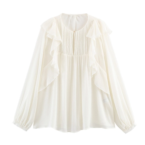 Blouse Élégante à Volants en Chiffon pour Femmes Plissé Col Rond Manches Longues Top Décontracté avec Bouton Doré