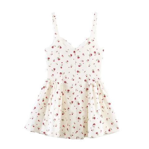 Dames Sexy Rozenbloemenprint Camisole Mini Jurk V-Hals Mouwloos Polyester A-Lijn Geplooide Zomerjurk Voor Vakantie Feest