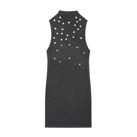 Women Sexy Mock Neck Sleeveless Knit Dress Solid Charcoal Gray Bodycon Midi Dress With Button Decorations For Casual Party