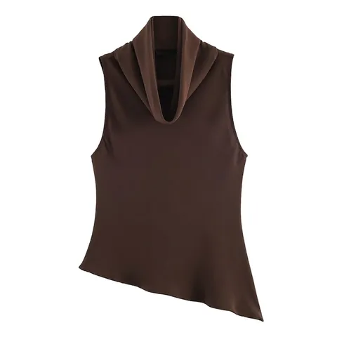 Top Sin Mangas para Mujer Sexy con Cuello Drapeado y Dobladillo Asimétrico Color Sólido Marrón Ajuste Entallado Moda