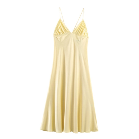 Dames Sexy Lichtgeel Satijn Spaghettibandjes Midi Jurk V-Hals Geplooid A-Lijn Elegant Zomer Rugloos Feestjurk