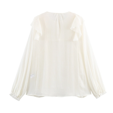 Blouse Élégante à Volants en Chiffon pour Femmes Plissé Col Rond Manches Longues Top Décontracté avec Bouton Doré