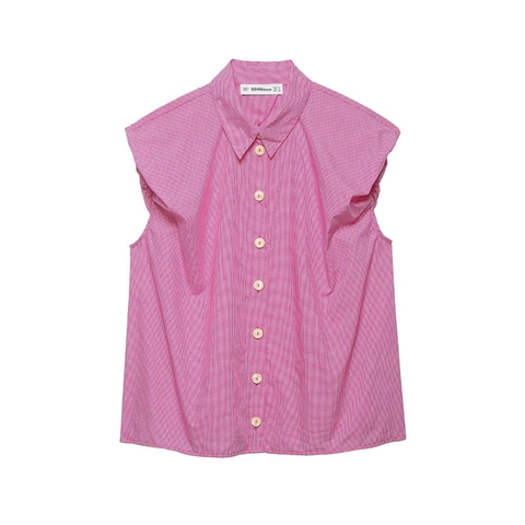 Women Casual Sleeveless Ruffle Blouse Lapel Button Down Shirt Gingham Stripe Solid Summer Top For Daily Office