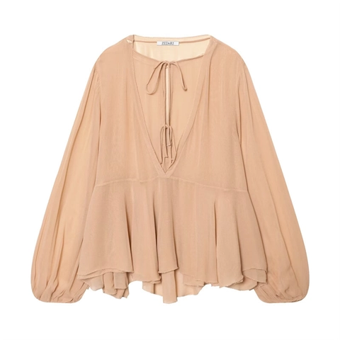 Camicetta Elegante da Donna Scollo a V Laccio Frontale in Chiffon con Orlo a Strati e Volant Maniche a Lanterna Tinta Unita