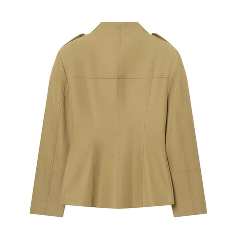 Veste Safari Militaire Décontractée pour Femme en Coton Nylon avec Col Montant Épaulettes Multi Poches Ceinture Kaki Printemps Blazer