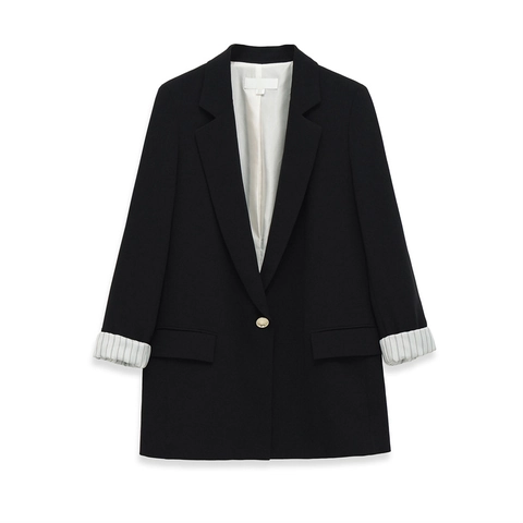 Giacca Blazer da Donna Casual Larga a Bottone Singolo Con Fodera a Righe sul Polsino Risvolto Tasche con Patta Abbigliamento da Lavoro per Ufficio