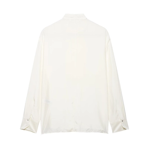 Elegante Blusa de Satén Crema para Mujer Cuello Alzado Apertura Lateral Camisa de Manga Larga Color Sólido Top Casual