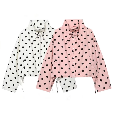 Damen Polka Dot Print Jacke Stehkragen Kordelzug Saum Lässig Kurz Leicht Winddicht Mantel Für Frauen Streetwear
