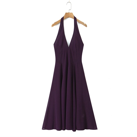 Elegante Vestito Lungo da Donna Viola Scuro all'Americana Scollo a V Profondo Senza Maniche A-Line Mesh Party