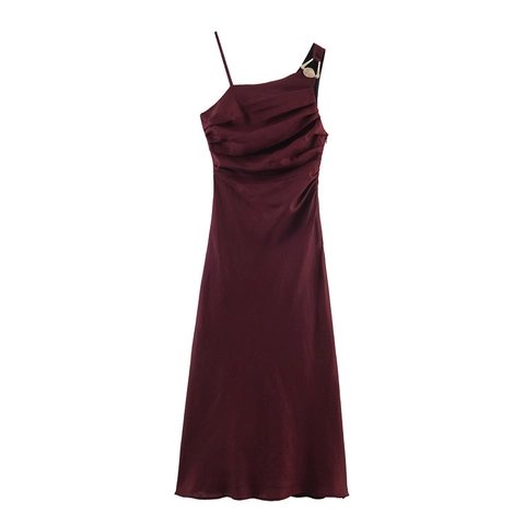 Damen Sexy Asymmetrisches Midikleid Leinenmischung Gerafft Spaghetti-Träger Einseitige Schulter Burgunderrot Plissee Partykleid