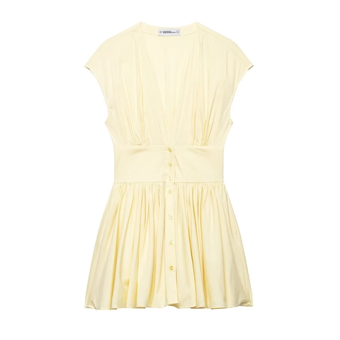 Dames Sexy V-Hals Mouwloos Popeline Mini Jurk Lichtgeel Hoge Taille Knopen Geplooid A-Lijn Party Zomerjurk