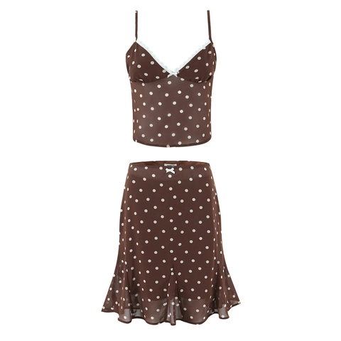 Vintage Bruine Polka Dot Cami Top En Ruffle Rok Set Zomer Kant V-Hals Rugloos Strik Kleding Voor Dames Vakantiestijl