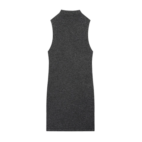 Women Sexy Mock Neck Sleeveless Knit Dress Solid Charcoal Gray Bodycon Midi Dress With Button Decorations For Casual Party