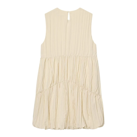 Vestido Midi Sin Mangas Plisado Sexy para Mujer Elegante Vestido en Capas Color Sólido Cuello Redondo Ajuste de Globo