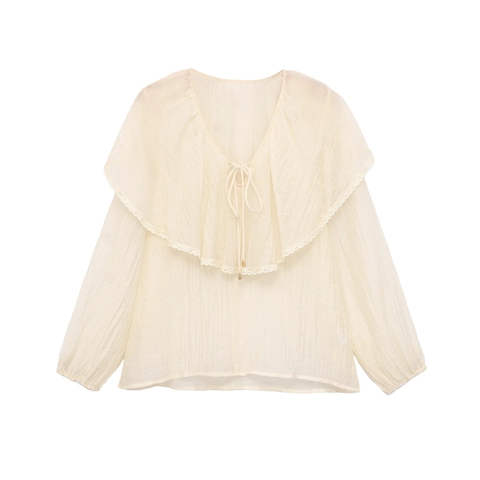 Französischer Stil V-Ausschnitt Spitze Rüschen Bluse Für Damen Creme Langarm Plissiert Chiffon Hemd Mit Bindeband Elegant Top