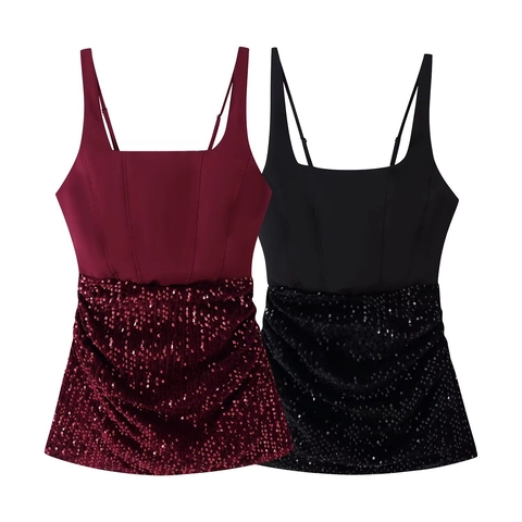 Abito Mini Cami da Donna Sexy con Splicing di Paillettes Schiena Scoperta Stringato Arricciato Bodycon Party Clubwear