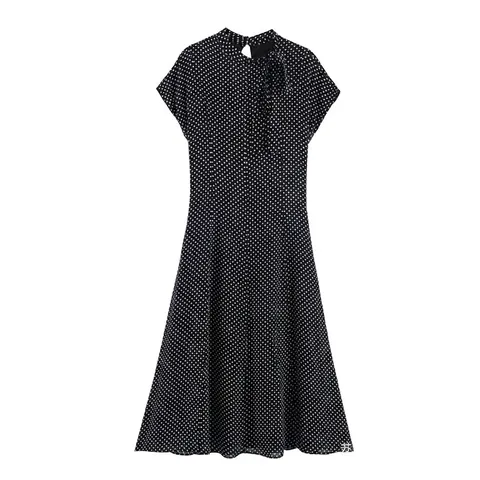 Vintage Zwarte Polka Dot Midi Jurk Voor Vrouwen Elegant Hoge Hals Strik Korte Mouw A-Lijn Chiffon Zomer Mode Jurk