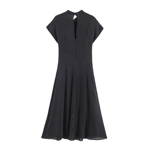 Vintage Zwarte Polka Dot Midi Jurk Voor Vrouwen Elegant Hoge Hals Strik Korte Mouw A-Lijn Chiffon Zomer Mode Jurk