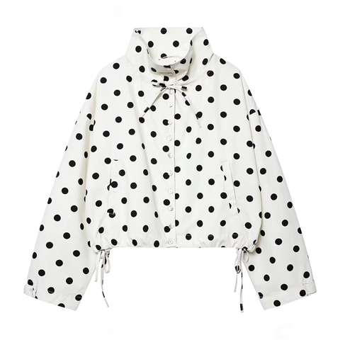 Damen Polka Dot Print Jacke Stehkragen Kordelzug Saum Lässig Kurz Leicht Winddicht Mantel Für Frauen Streetwear