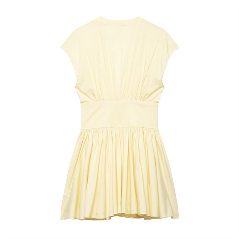 Dames Sexy V-Hals Mouwloos Popeline Mini Jurk Lichtgeel Hoge Taille Knopen Geplooid A-Lijn Party Zomerjurk