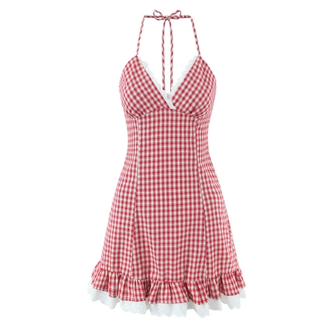 Dames Gingham Halternek Kantafwerking Mini Jurk Katoen Sexy Open Rug Ruches Zoom Zomer Feest Mouwloze Jurk