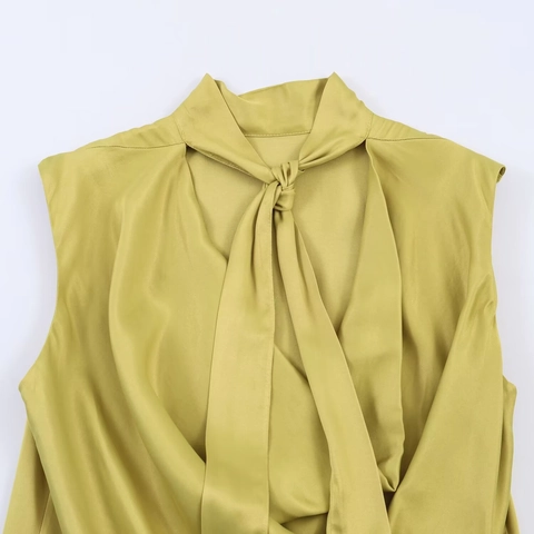 Women Elegant Satin Sleeveless Blouse Bow Tie Neck Slim Fit Solid Color Summer Casual Top Office Lady Fashion Shirt