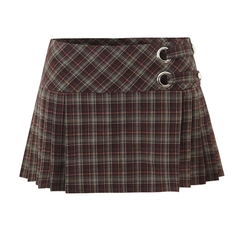 Women High Waist Plaid Pleated Mini Skirt Retro Preppy Academic Style Streetwear Short Skirt With Metal Buckle Decoration