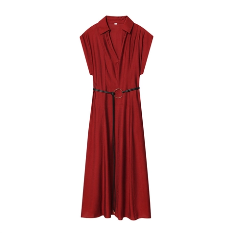 Abito da Donna Senza Maniche con Scollo a V Stile Camicia Elegante con Cintura Tinta Unita Slim Fit Abito Lungo Moda Ufficio