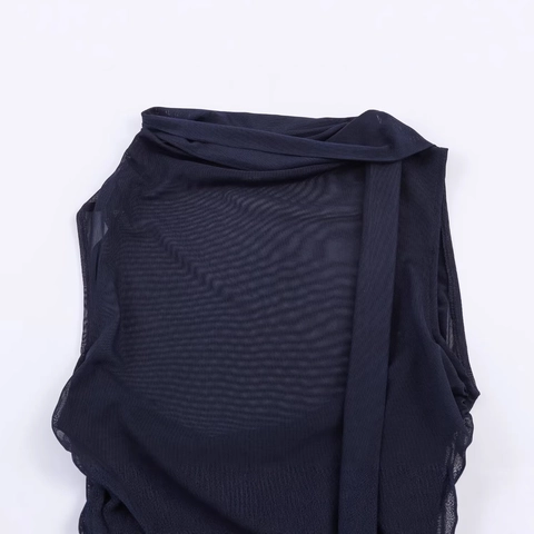 Top da Donna Senza Maniche in Mesh Increspato Slim Fit Collo Alto T-Shirt Con Sciarpa Decorativa Blu Navy Elegante Estivo