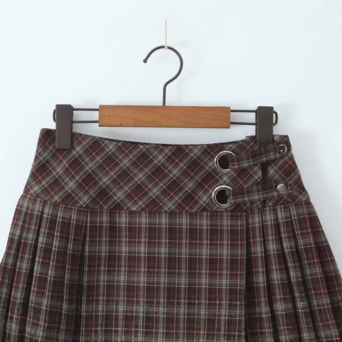Women High Waist Plaid Pleated Mini Skirt Retro Preppy Academic Style Streetwear Short Skirt With Metal Buckle Decoration