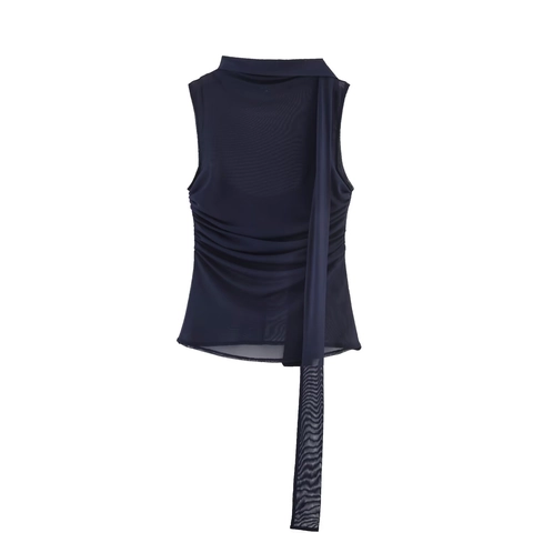 Sexy Navy Blue Satin Mesh Sleeveless Top Ruched Side Scarf Drape Neck Slim Tank Top For Women Elegant Summer Mesh Top