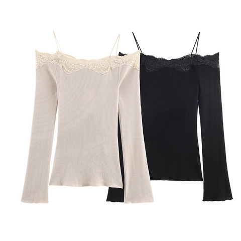 Women Sexy Off Shoulder Lace Trim Ribbed Knit Long Sleeve T-Shirt Slim Fit Thin Straps Flared Sleeve Chic Solid Color Top