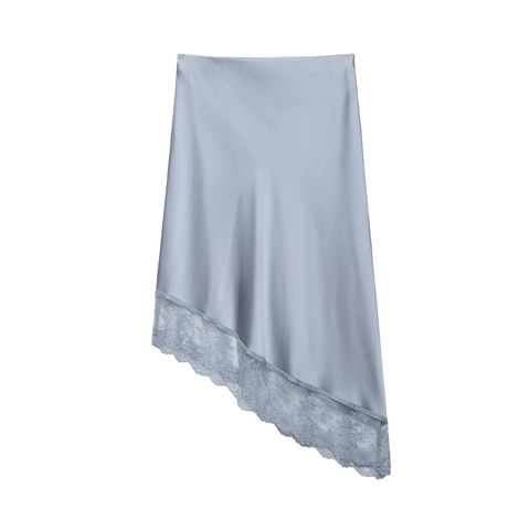 Women Elegant Satin Midi Skirt Asymmetric Lace Trim Light Blue High Waist Straight Skirt For Commute Daily Wear