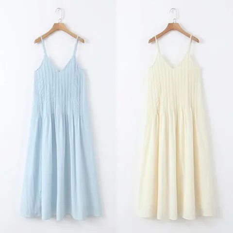 Vestido Maxi de Algodón 100% Plisado para Mujer Elegante Cuello en V Tirantes Finos Color Sólido Sin Mangas Verano Vacaciones Largo
