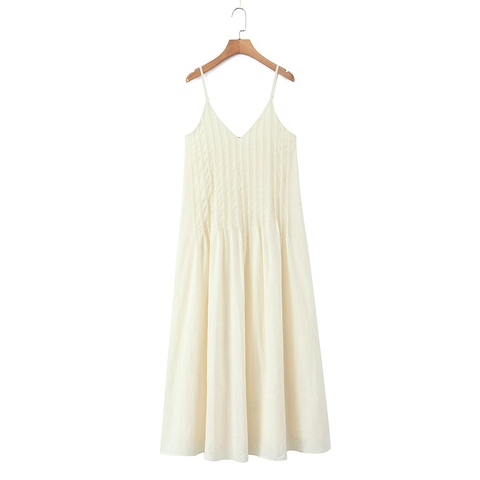 Vestido Maxi de Algodón 100% Plisado para Mujer Elegante Cuello en V Tirantes Finos Color Sólido Sin Mangas Verano Vacaciones Largo