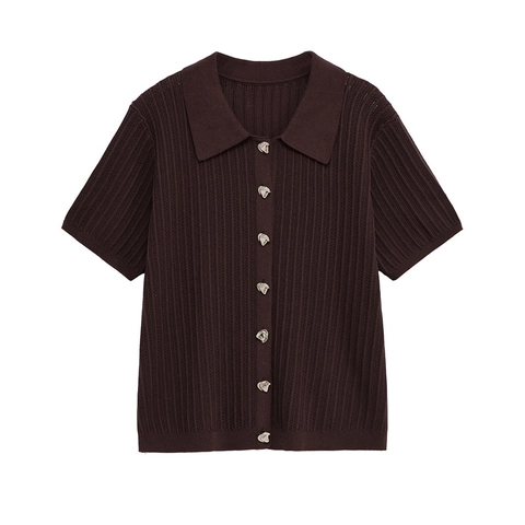 Damen Casual Geripptes Strick Zweiteiler Set Kurzarm Polo Kragen Knopf Oberteil Und Hohe Taille Weite Hose Kaffeebraun