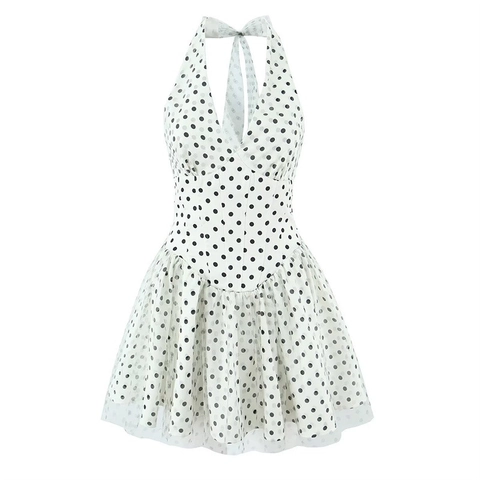 Vrouwen Sexy Polka Dot Mesh Halter Strik Jurk Retro Slim Fit Mouwloos A-Lijn Tule Gelaagde Mini Party Jurk