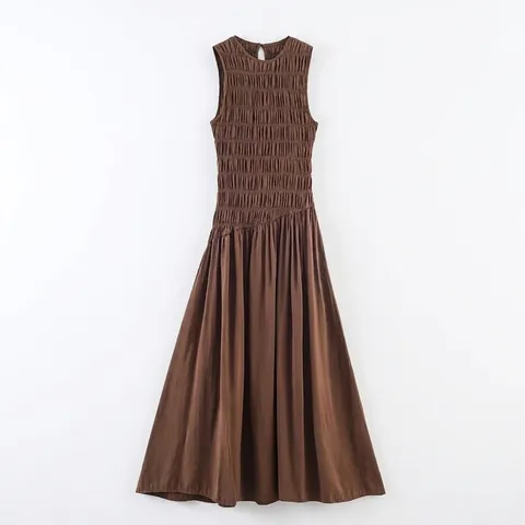 Vestido Midi Sin Mangas con Nido de Abeja Sexy para Mujer Elegante Marrón Oscuro Color Sólido Línea A Dobladillo Plisado Chic