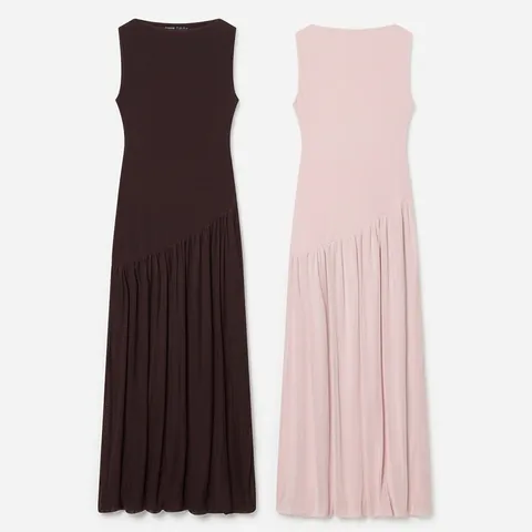 Vestido Maxi de Mujer Sin Mangas Cuello Redondo Pliegues Asimétricos Malla Efecto Adelgazante Color Sólido Vestido Largo Elegante