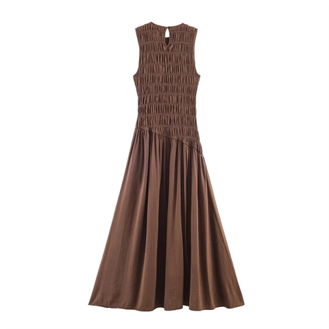 Vestido Midi Sin Mangas con Nido de Abeja Sexy para Mujer Elegante Marrón Oscuro Color Sólido Línea A Dobladillo Plisado Chic