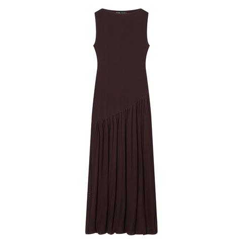 Vestido Maxi de Mujer Sin Mangas Cuello Redondo Pliegues Asimétricos Malla Efecto Adelgazante Color Sólido Vestido Largo Elegante
