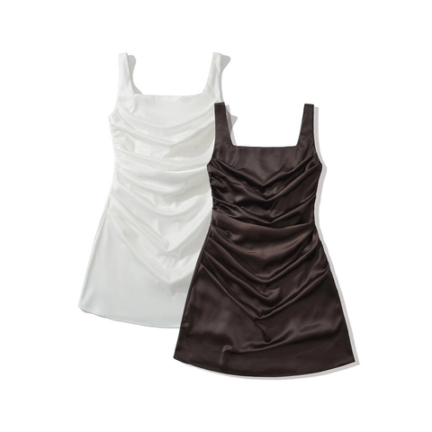 Women Sexy Ruched Satin Mini Dress Square Neck Adjustable Straps Corset Back Solid Color Elegant Party Bodycon Dress