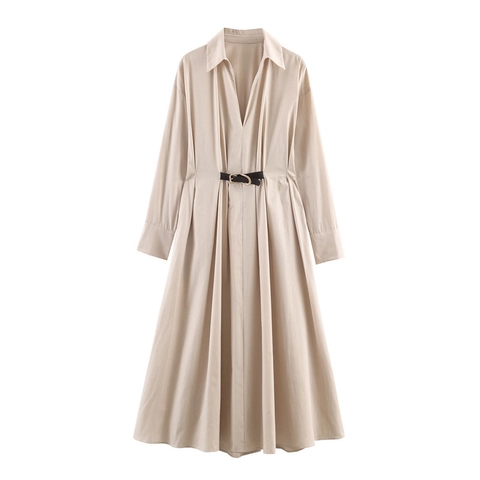 Vestido Midi Casual de Manga Larga para Mujer Con Solapa y Cinturón Beige Caqui Popelina Tejido Corte A Plisado Moda Chic
