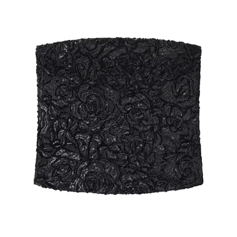 Damen Sexy Schwarz Pailletten Tube Top 3D Rose Stickerei Trägerlos Slim Fit Cropped Party Clubwear Top