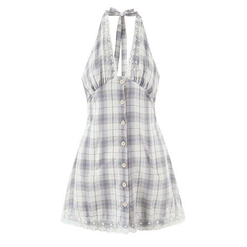 Γυναικείο Vintage Καρό Halter Mini Φόρεμα Δαντέλα Patchwork Εξώπλατο Μονόπετο με Κουμπιά Γραμμή Α Βαμβακερό Καλοκαιρινό Φόρεμα