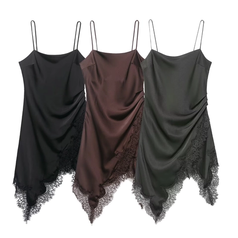 Women's Sexy Satin Cowl Neck Cami Dress With Lace Trim Asymmetric Hem Sleeveless Bodycon Mini Dress For Party Night Out