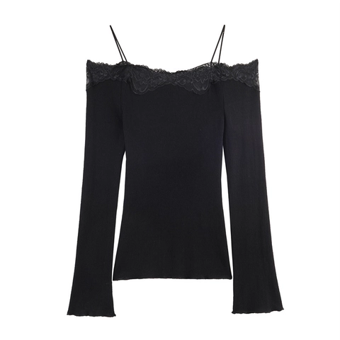Women Sexy Off Shoulder Lace Trim Ribbed Knit Long Sleeve T-Shirt Slim Fit Thin Straps Flared Sleeve Chic Solid Color Top